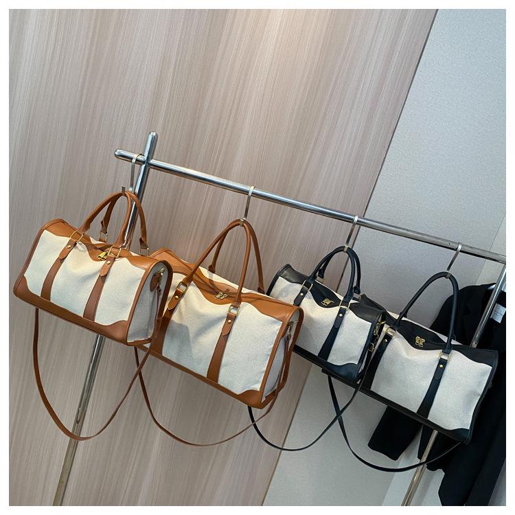 Retro Women's Canvas Travel Handbag - Large Capacity, Color Block Design, Ideal for Sports, Fitness, and Short-Distance Travel