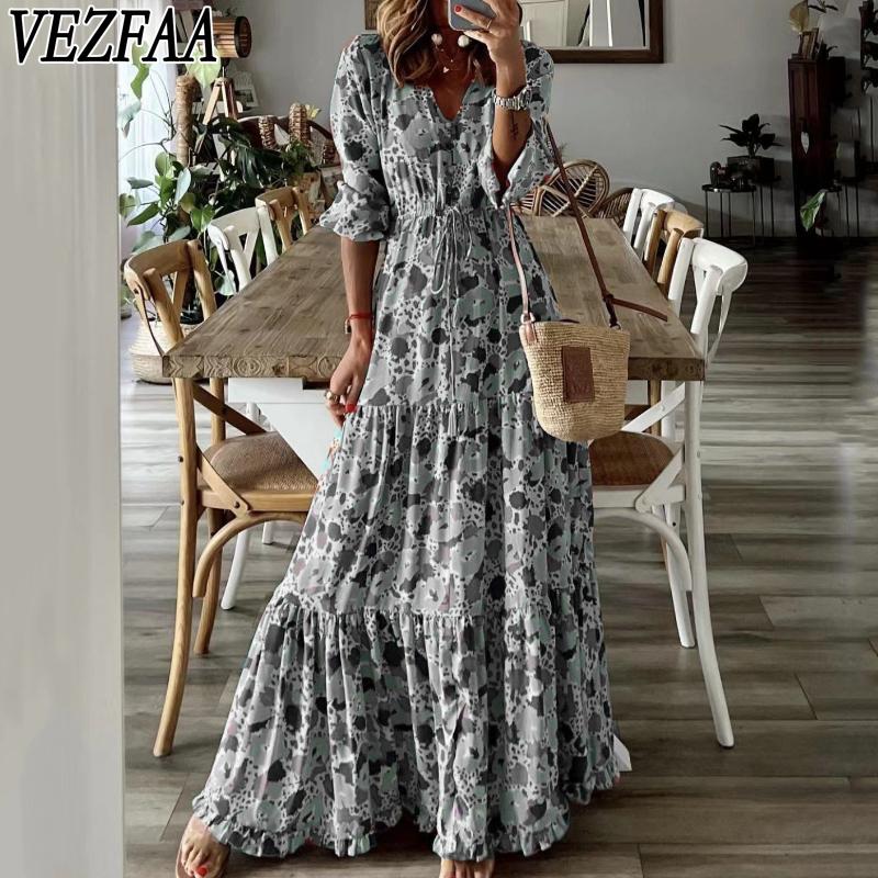 VEZFAA Women's Fashion Summer Spring Flower Pattern Print Short Sleeve V-Neck High Waist Casual Dresses