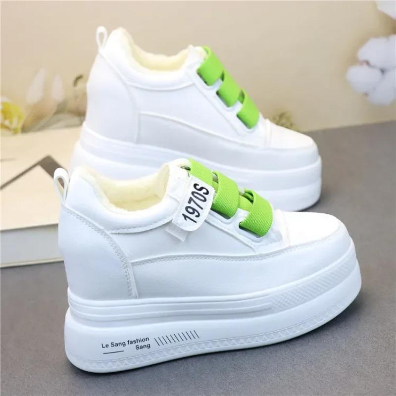 Fashion Genuine Leather Women Plush Platform Sneakers Wedgies Spring Casual Vulcanized Shoes Ladies Thick Bottom Court Sneakers White