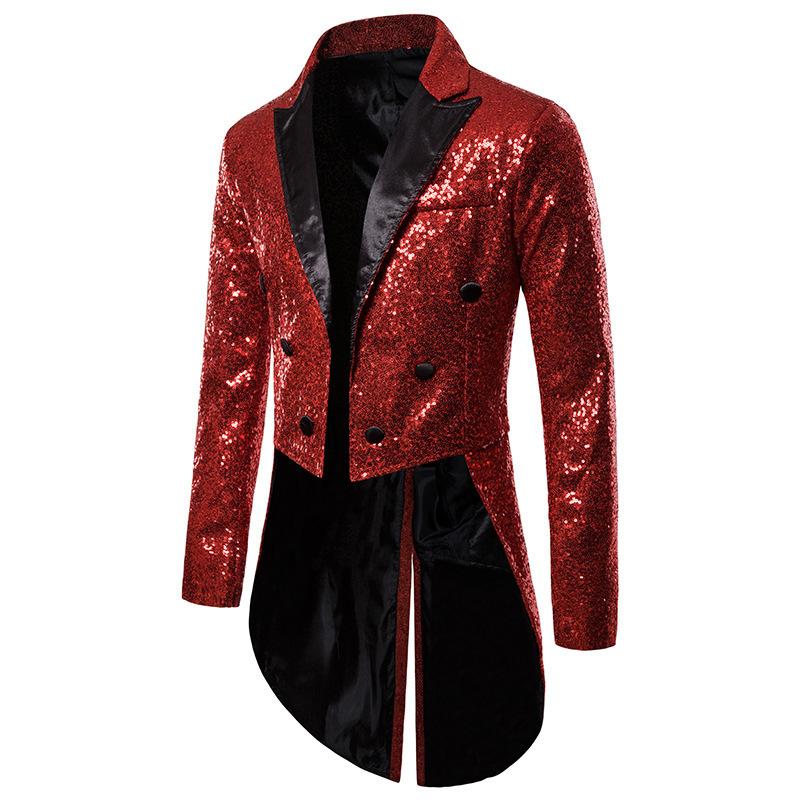 Men's British Style Men Court Tuxedo Suit Coats Fashion Sequin Decoration Blazers Gentleman Wedding Party Long Jacket Singers Stage