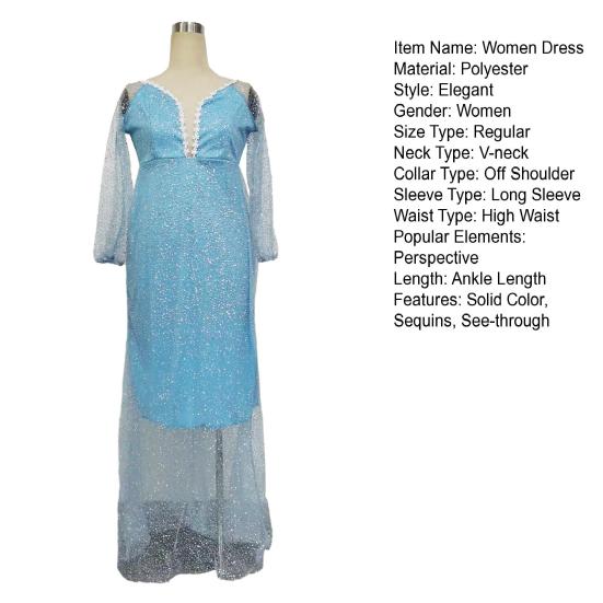 Women Elegant Gown Dress Off Shoulder V-neck Puff Long Sleeve Floor Length Dress Sequins Decor See-through Elegant Vintage Dress