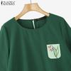 ZANZEA Women Casual Round Neck Loose 3/4 Sleeve Cotton Blouse