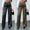 Women Pants Mid-rise Solid Color Loose Fit Wide Leg Design Long Trousers Smooth Satin Casual Trousers Daily Wear