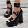 Plus Size Double-Layer Platform Ultra-High Thick Heel Open-Toe Sandals Double-Row Metal Belt Buckle Shiny Patent Leather Sandals