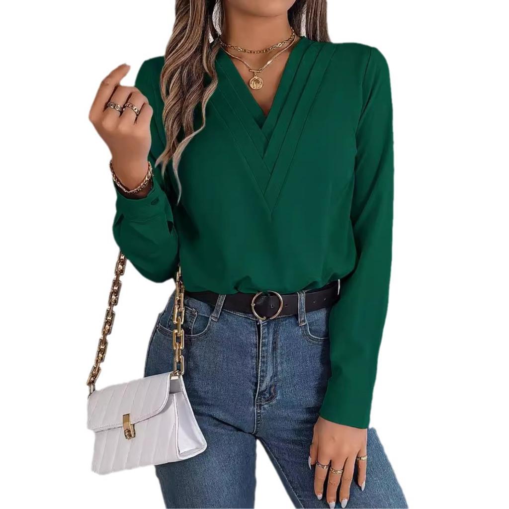 Women's Elegant Business Office Blouse Layered V Neck Long Sleeve 2024 Dressy Shirts Work Tops