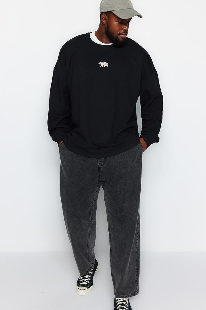 Men's Fashion New Plus Big Size Sweatshirt Black Big Size Oversize Wide Cut Embroidered Cotton Sweatshirt with Fleece Inside