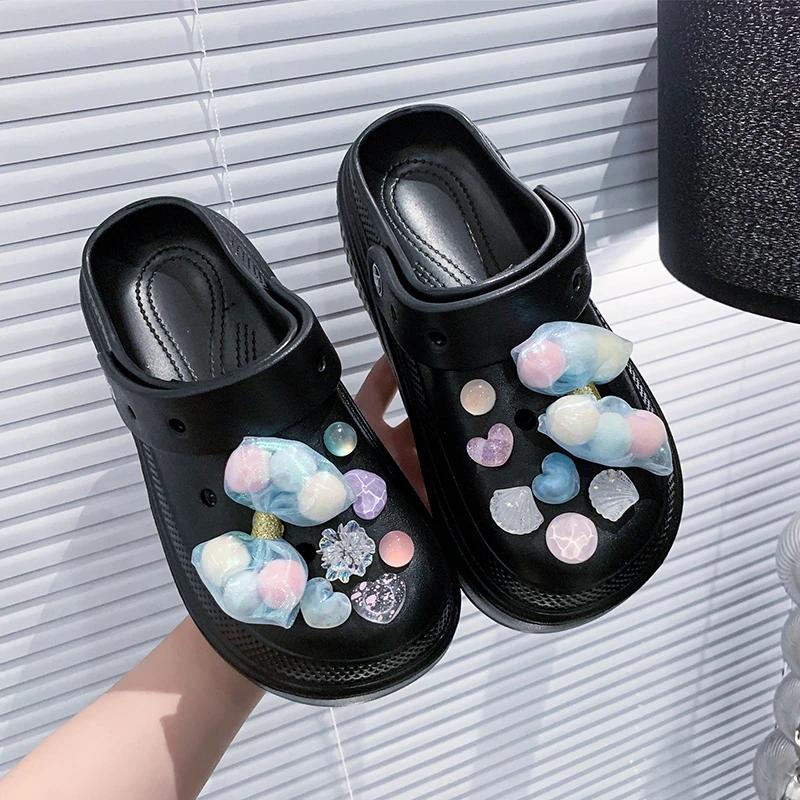 Fashion Colorful Bowknot Chunky Platform Garden Shoes Women Hollow Out Thick Bottom Clogs Sandals Woman Non Slip Summer Beach Slippers