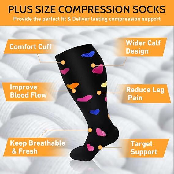 3 Pairs 2XL-7XL Plus Size Compression Men Socks 20-30 mmHg Wide Calf Extra Large Knee High Flight Socks for Circulation Support