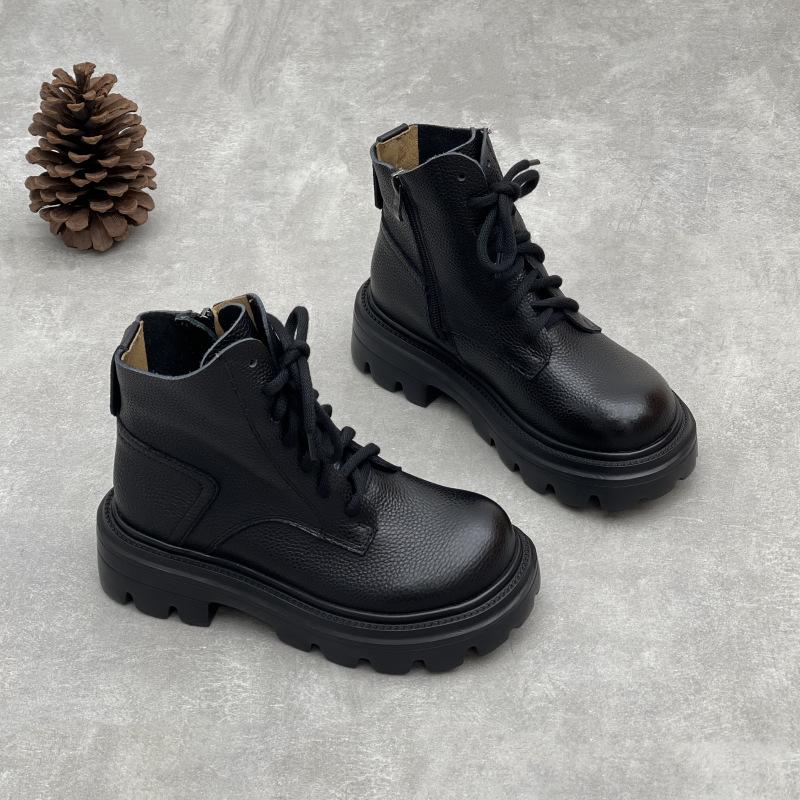 Johnature British Style Genuine Leather Thick Soled Short Boots Versatile Women's Shoes