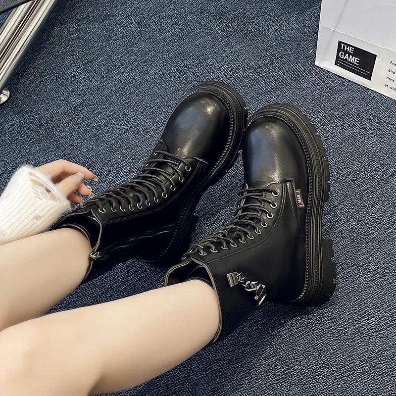 Fashion 2024 Hot Sale Shoes Female Lace Up Zipper Women's Boots Autumn Round Toe Solid Short Barrel Platform Water Proof Fashion Boots