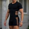 Men Short Sleeve Hollow Bandage Fitted Jumpsuits Romper Bodysuits