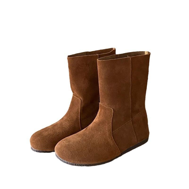 Retro Literary and Artistic Flip Fur Flat-bottomed Short Boots Women's Versatile Round Head Stacking Sleeve Martin Boots