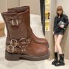 Belt Buckle Thick Heel Brown Martin Boots 2024 New Autumn and Winter Retro But Knee Short Women's Boots Knight Fashion Boots