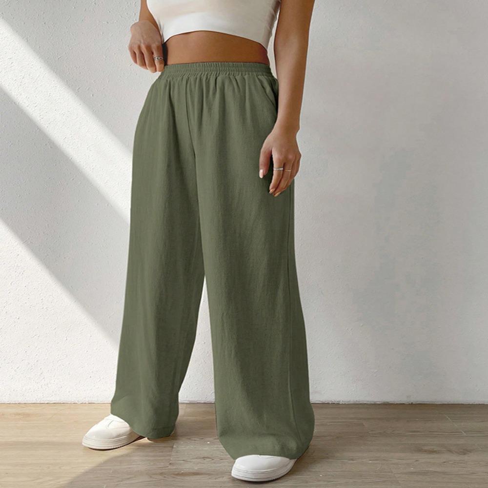 Straight-leg Trousers, Loose-fitting Home Casual Trousers, Mid-rise Solid Color Wide-leg Trousers