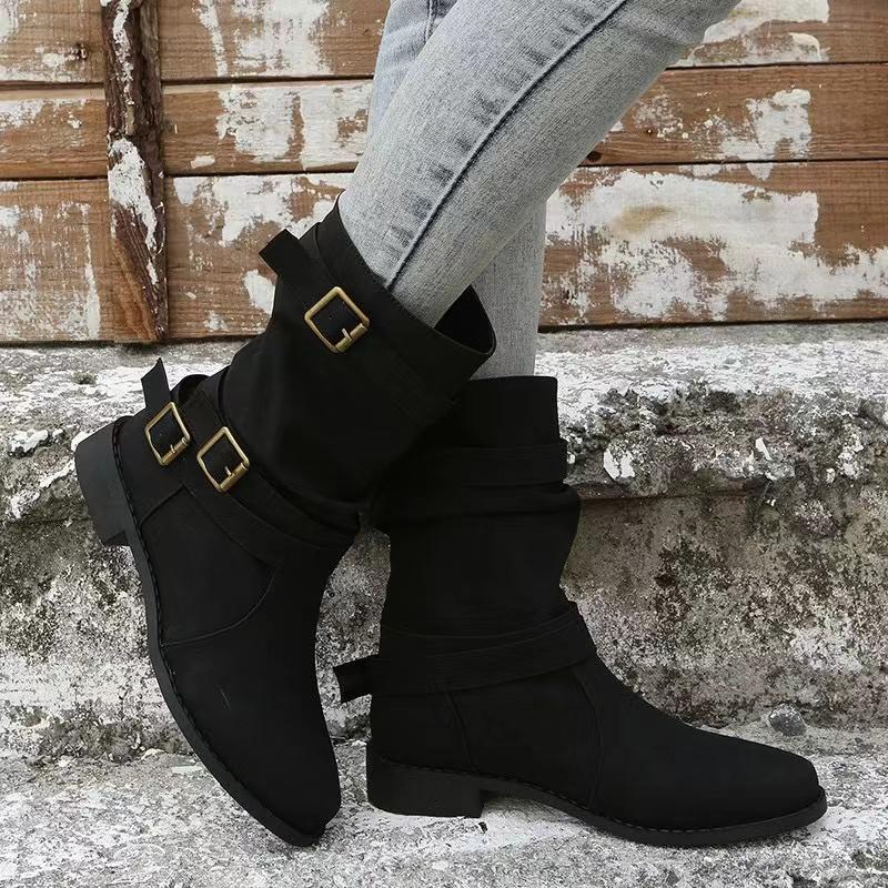 New Mid Calf Boots Women Autumn Winter Fashion Buckle Westward Ladies Chelsea Botas Mujer Round Toe Ladies Boots D105