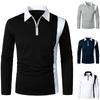Autumn Winter Men Clothes Long Sleeve Zipper Polo Shirt Men Fashion Spell Color Golf Polo Tops 100% Polyester Middle Elasticity Sport Tops