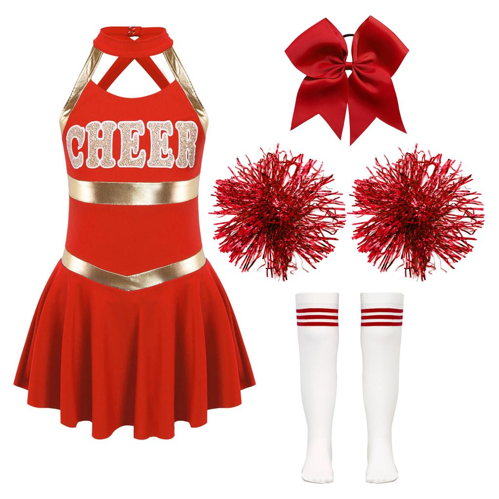 Cheer Leader Halloween Costume for Girls Sleeveless Tank  Dress Outfit with Pom Poms for Cheerleading Dancing