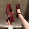 Fashion Red Mary Jane Women Pumps Thick High Heels Shoes Female Lolita Square Toe Shoes Fashion Party Leather Woman Shoes 2024 New