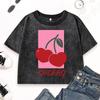 Red Cherry Fruit Print Washed T-Shirt Women Summer Casual T Shirts Slim Crewneck Crop Short Sleeve Cotton Vintage Top