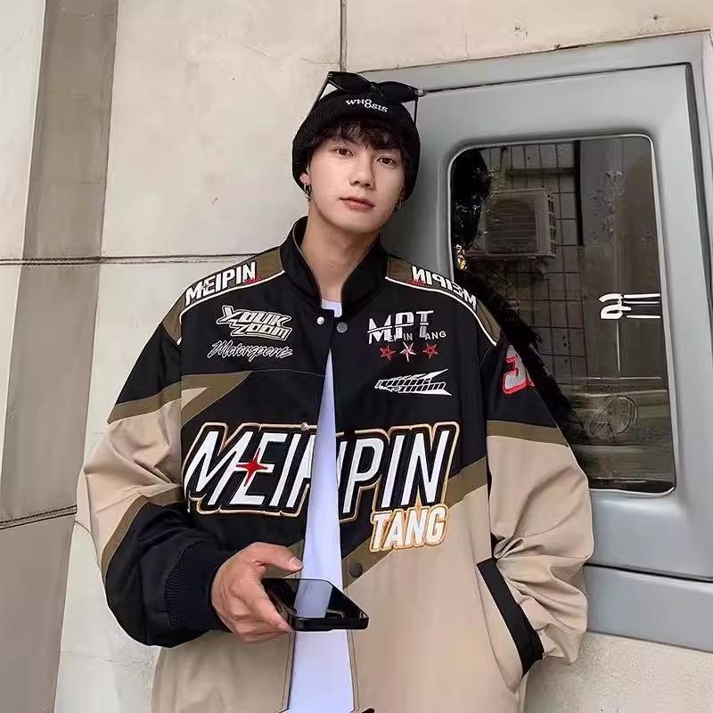 Men's Spring & Autumn American Street Racing Style Baseball Jacket - Trendy, Handsome, Loose-Fit Motorcycle Jacket