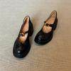Cowhide Version~ Mary Jane Small Leather Shoes Retro Round Head Metal Buckle Thick Sole Shallow Mouth Commuting Versatile Thick Heel Single Shoes