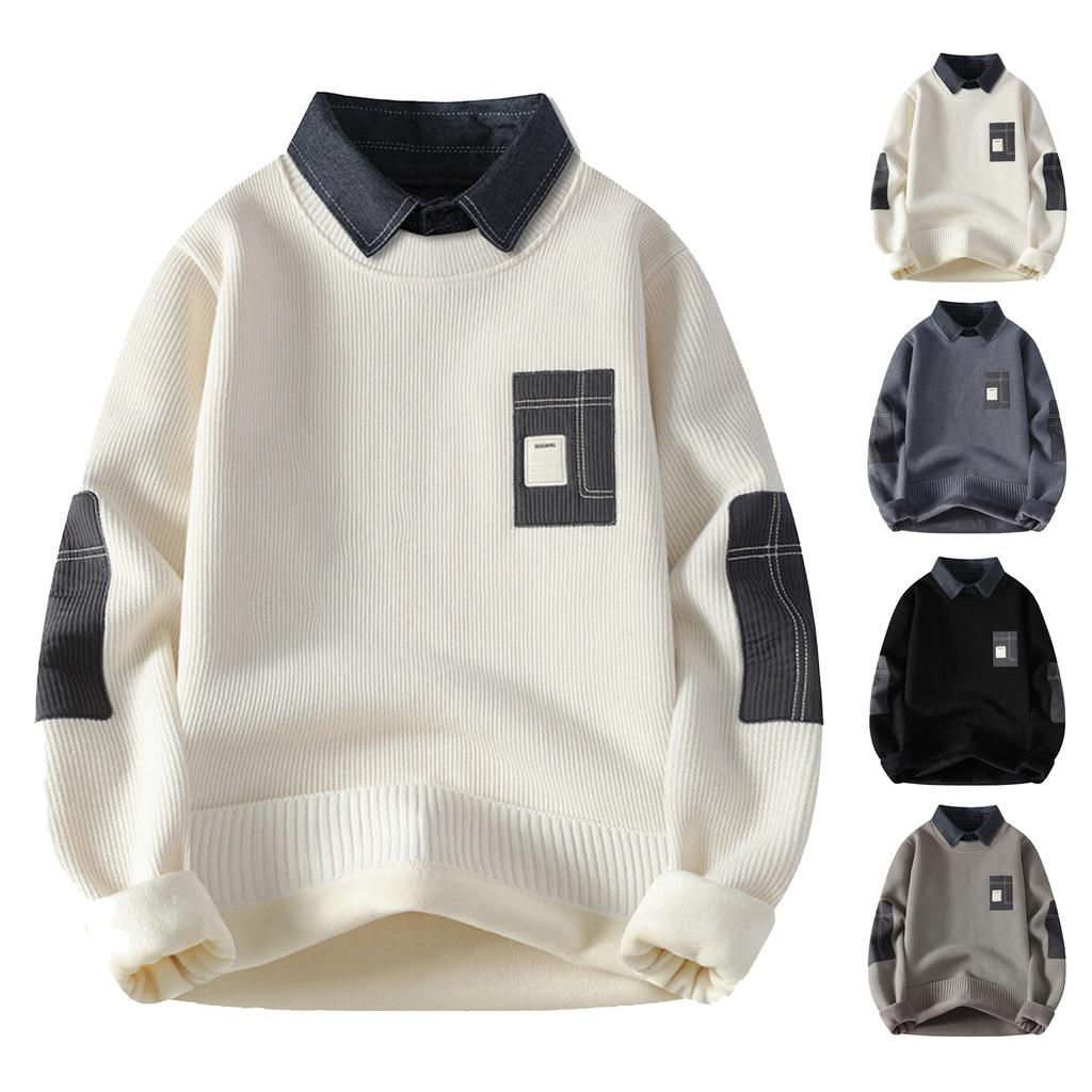Men's Casual Patchwork Fake Two-piece Knitted Inner Layer Sweater, Men's Fleece Warm Lapel Sweater
