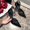 Black High Heels Pumps for Women 2025 Spring Ankle Straps Party Shoes Woman Pointed Toe Thin Heel Buckle Single Shoes