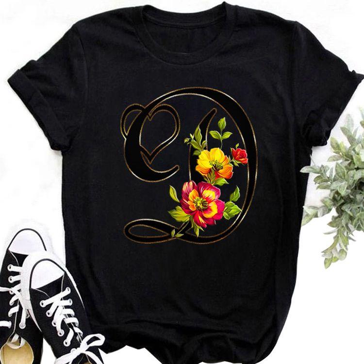 Custom Name Letter Combination Tops Fashion Women T-Shirt Rose Flower Heart Letter Font A B C D Short Sleeve Tees Black T-Shirt