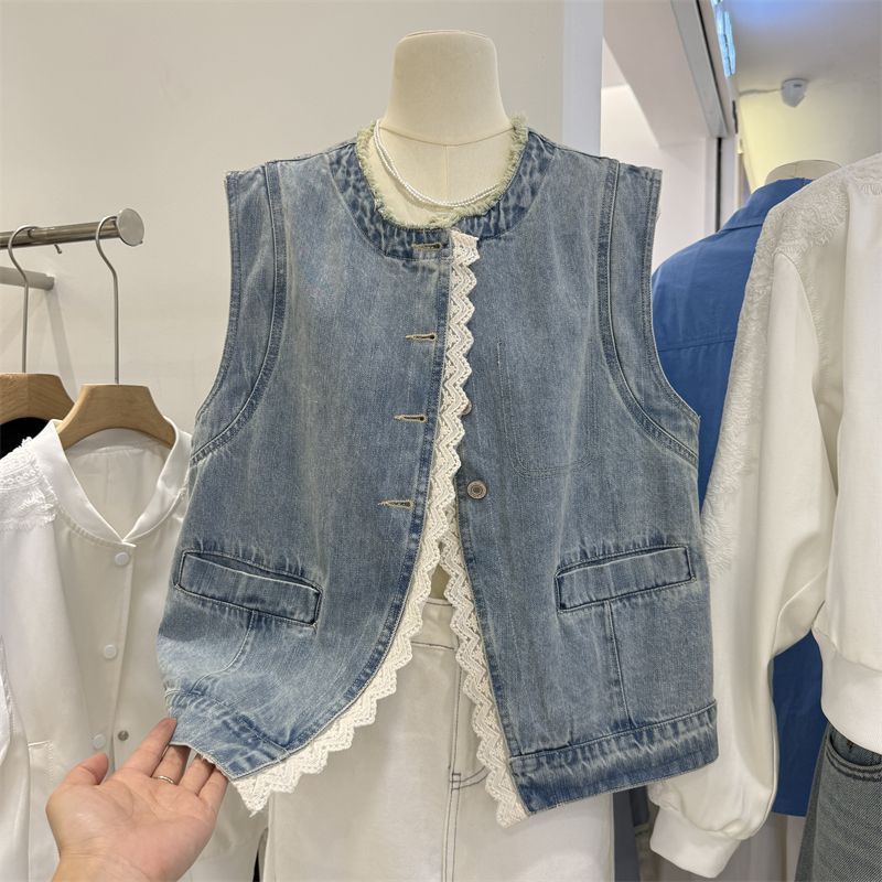 Vest for Women Cotton Lace Vintage Sleeveless Jacket Women Casual Vests Sleeveless Tops Denim Vest