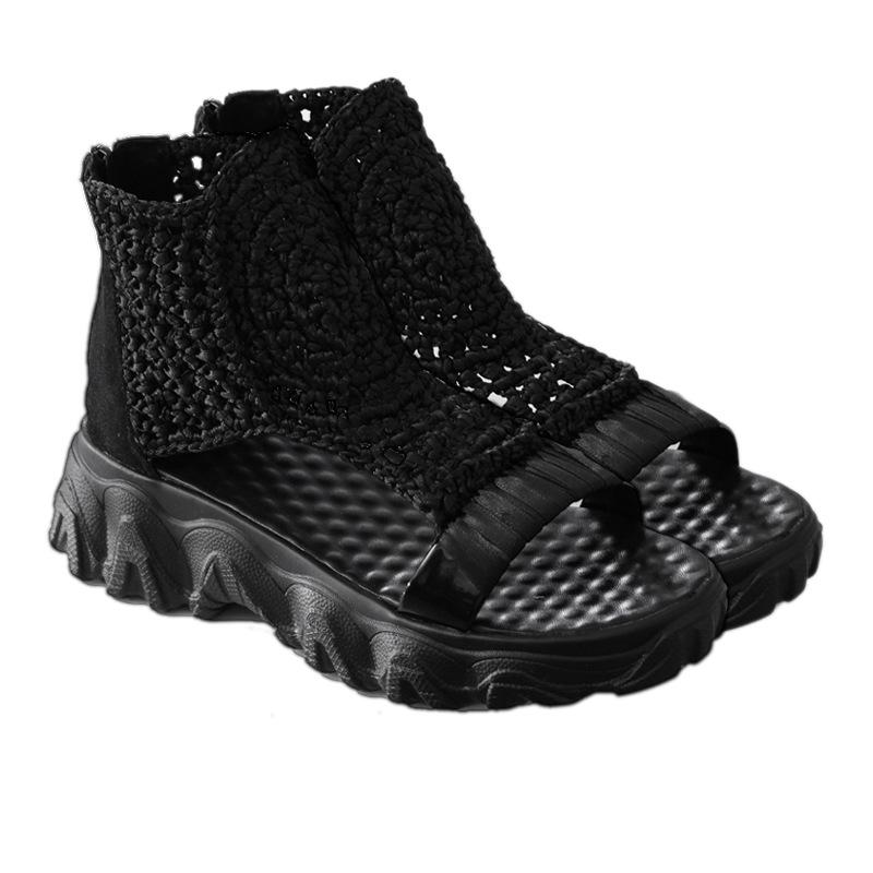 Sandals Women Braided Geometric Wedge Sandals Knitted Elastic Summer Shoes Mesh Flat Sandals Hollow Female Platform Shoes