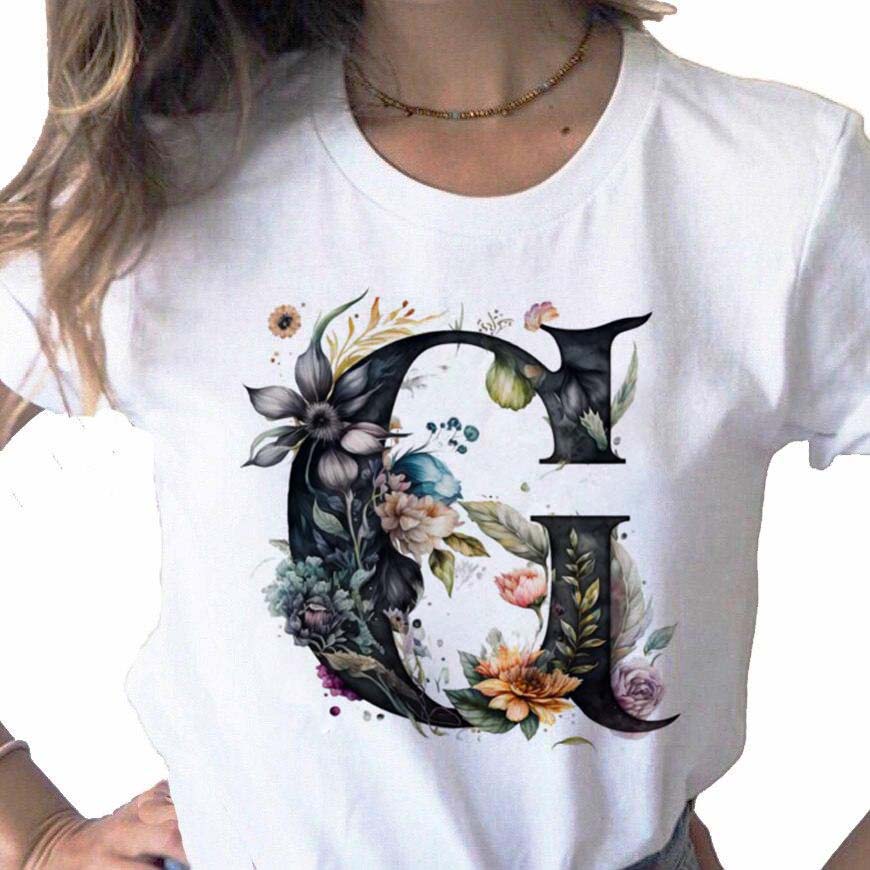 New Women T Shirt Custom Name Letter Combination Print Tshirt Flower Letter Font A B C D E F G Short Sleeve Female Tees Tops