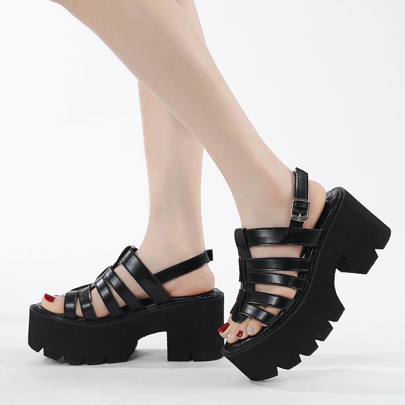 Black Chuky Heel Gladiator Sandals Platform Women Shoes Pumps Ankle Strap Open Toe Casual Shoes Cosplay Lolita Zapatos De Mujer
