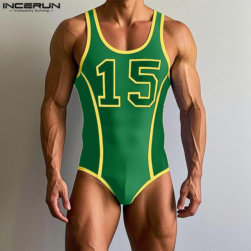 INCERUN Men Strap Sleeveless Letter Print Briefs Bodysuits Jumpsuits Underwear
