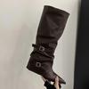 Woman Pointed Knee Belt Buckle High Boots Women Autumn Winter Fashion Chunky Heel Thigh-high Boots Trend Leather Chelsea Botas