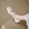 French Beige Mary Janes Shoes Women Pumps Square Head Mesh Pearls Buckle Belt Med Thick Heels Leather Shoe Matching Skirt