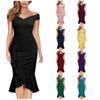 Women's Off Shoulder V-Neck Ruffle Pleat Waist Slit Dress