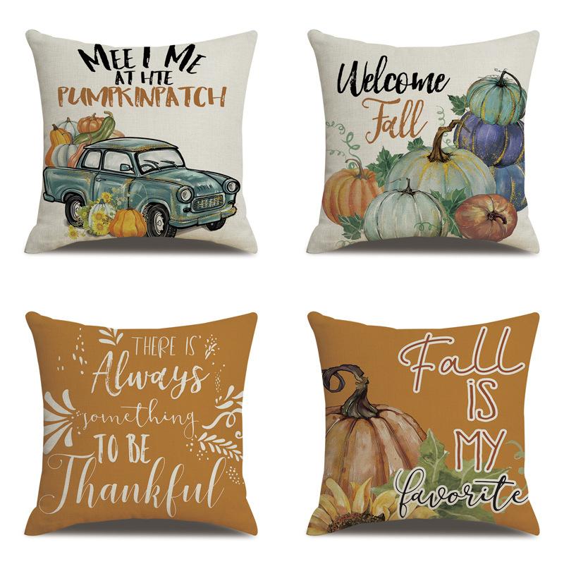 Thanksgiving Linen Pillowcase Autumn Pumpkin Print Pillow Cushion Cover