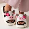 Fashion Cartoon Cute Cow House Linen Slippers Women Platform Soft Sole Anti-slip Home Slides Lightweight Breathable Indoor Cozy Slippers