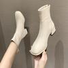 Fashion Elastic Socks Boots Fashion Ankle Boots Women High Heel Thicks  Heel Square Toe Short Boots Women Retro 2024 New Ladies Shoes