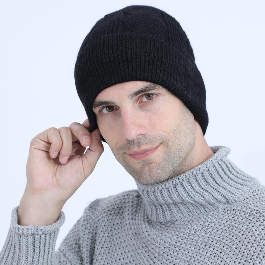 New Autumn and Winter Men's Cable Knitted Woolen Hat with Velvet and Thickened Knitted Warm Cycling Ear Protection and Cold Proof Pullover Hat