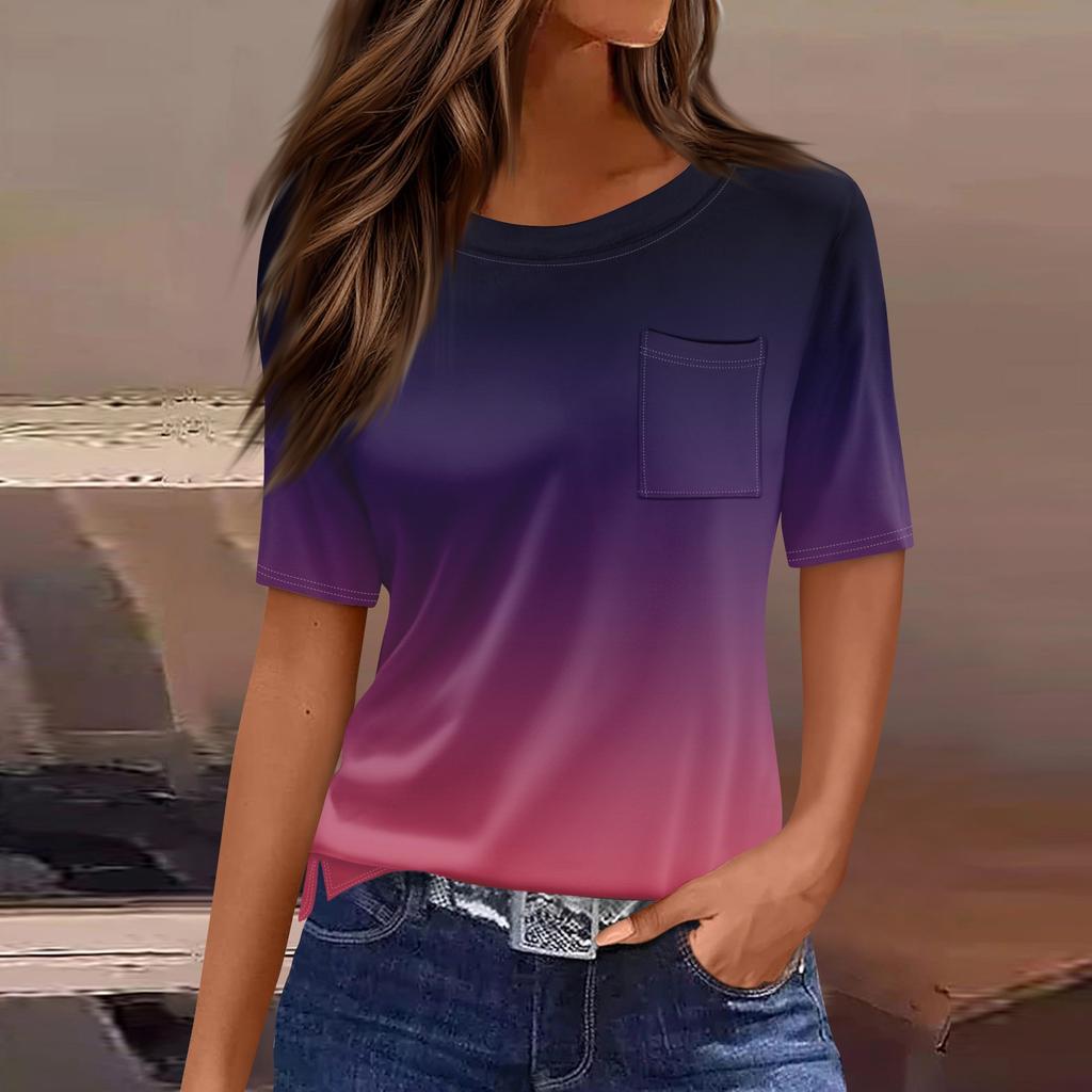 T Shirts For Women Pleated Round Neck Dressy Casual Blouses Printing Short Sleeve Summer Tops Loose Fit