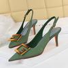 European and American Style Banquet Women's Shoes Fine Heel 7cm High Heel Pointed Hollow Metal Square Buckle Single Shoes