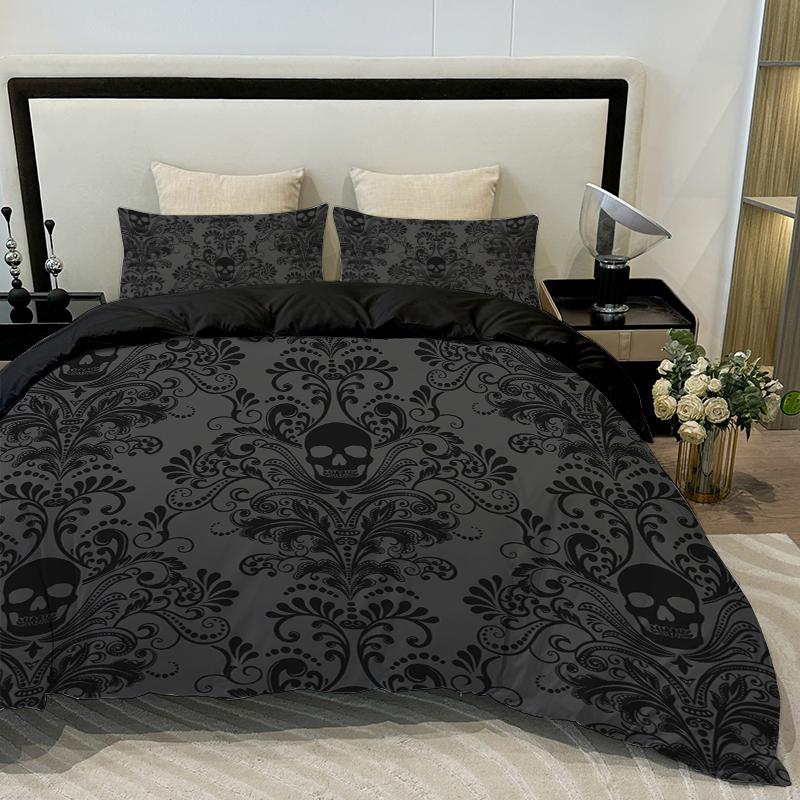 3pcs Skull Flower Duvet Set With Flower Skull Pattern, Includes 1 Duvet Cover And 2 Pillowcases, Suitable For All Seasons