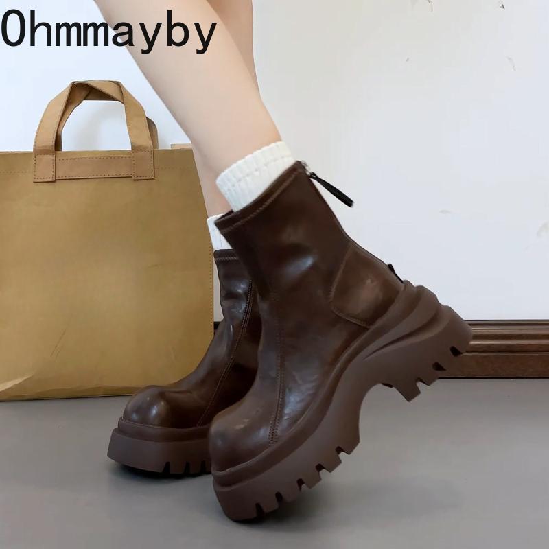 Британский стиль Платформа Увеличение высоты Женские короткие ботинки Осень Зима Женские массивные мотоботы