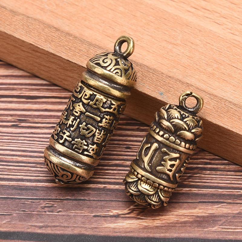 Hollow Brass Buddha Sutra Cylinder Pendant Keychain Necklace Jewelry Pill Box