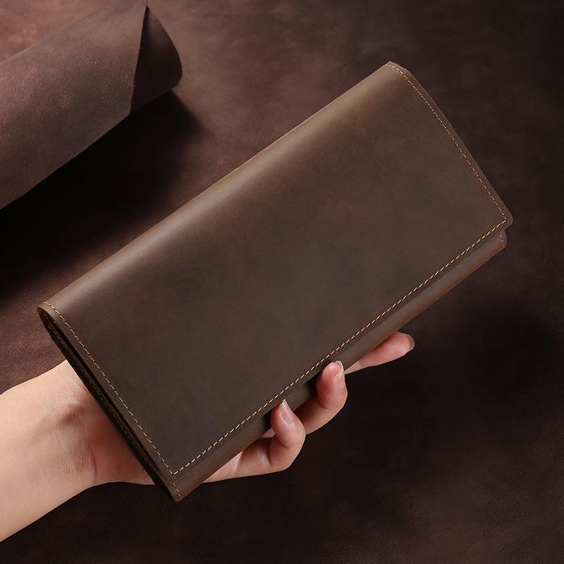 Men's Genuine Leather Trifold Wallet - Large Capacity Retro Crazy Horse Leather Clutch