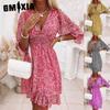 Summer Floral Print Mini Dresses Women Vintage Sexy A-Line V-Neck Half Sleeve Party Dress Female Casual Elegant Beach Dress