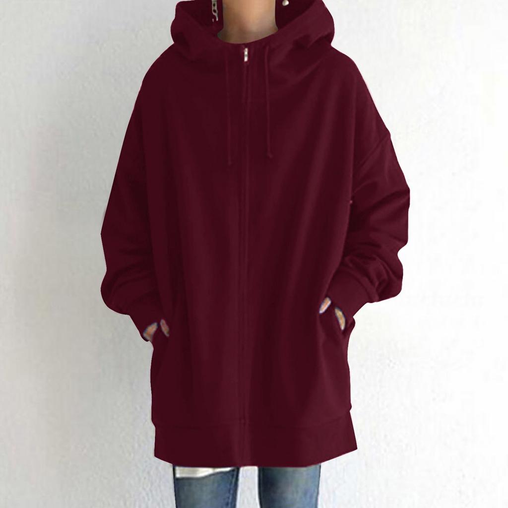 Fleece Hoodie Women Women Sweatshirt Fashion Loose Solid Color Streetwear Pocket Zipper Drawstring Long Fleece Open Coat Women