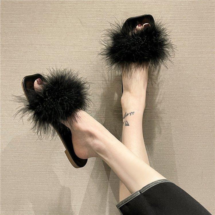 Furry Flat Indoor Fluffy Sandals Beige Woman Slippers Black Fuzzy Summer Slides Shoes for Women 2025 B Casual Vip 39 Sale Y