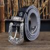 Fashion Engraved Buckle European And American Fan Cow Leather Double Head Silver Metal Buckle Belt Casual Decoration Women'S Black Belt